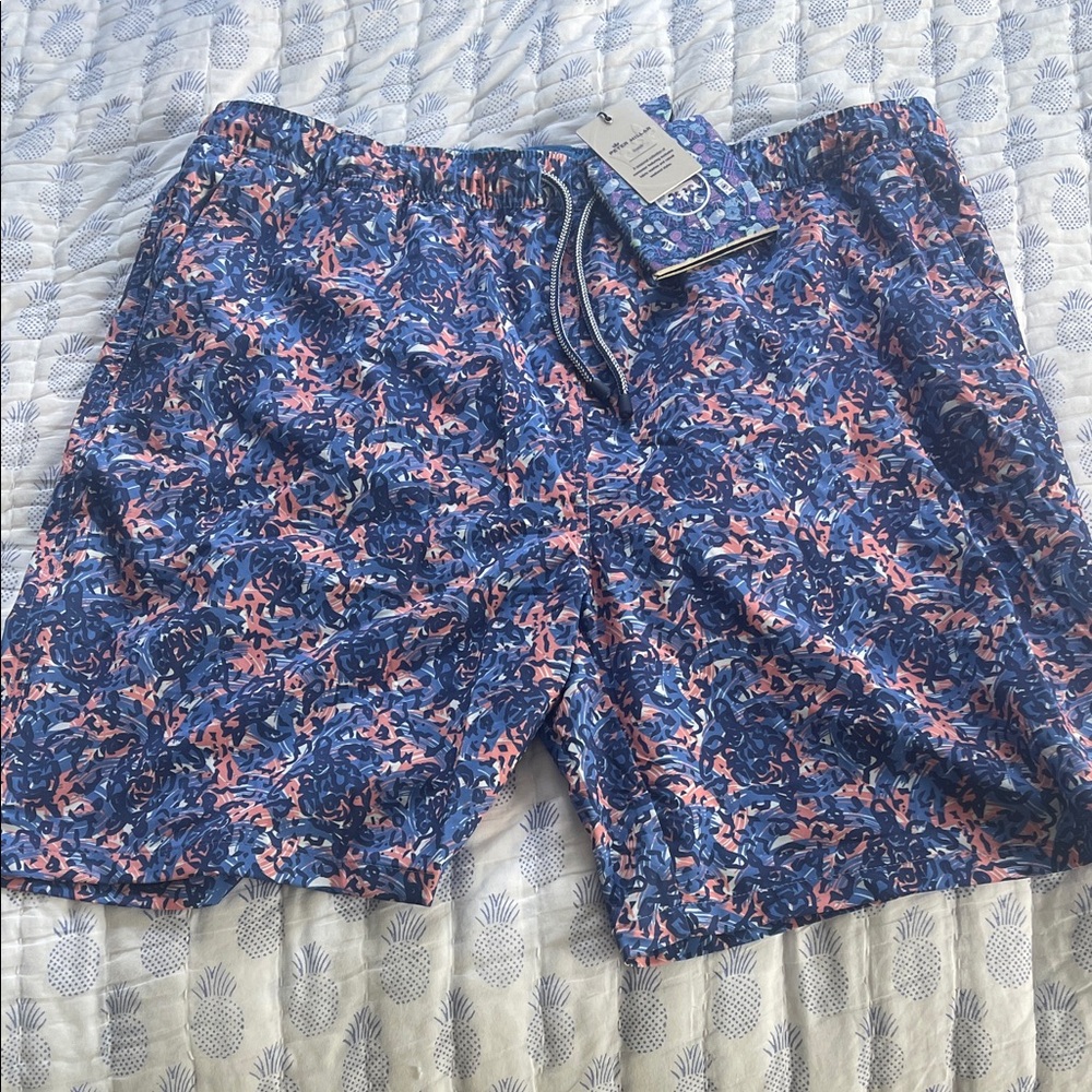 Peter Millar Blue and Pink Patterned Swim Trunks